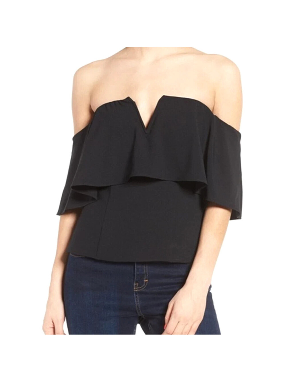 LEITH S Small Off The Shoulder Stretch Top Blouse Shirt V-Neck Front Black